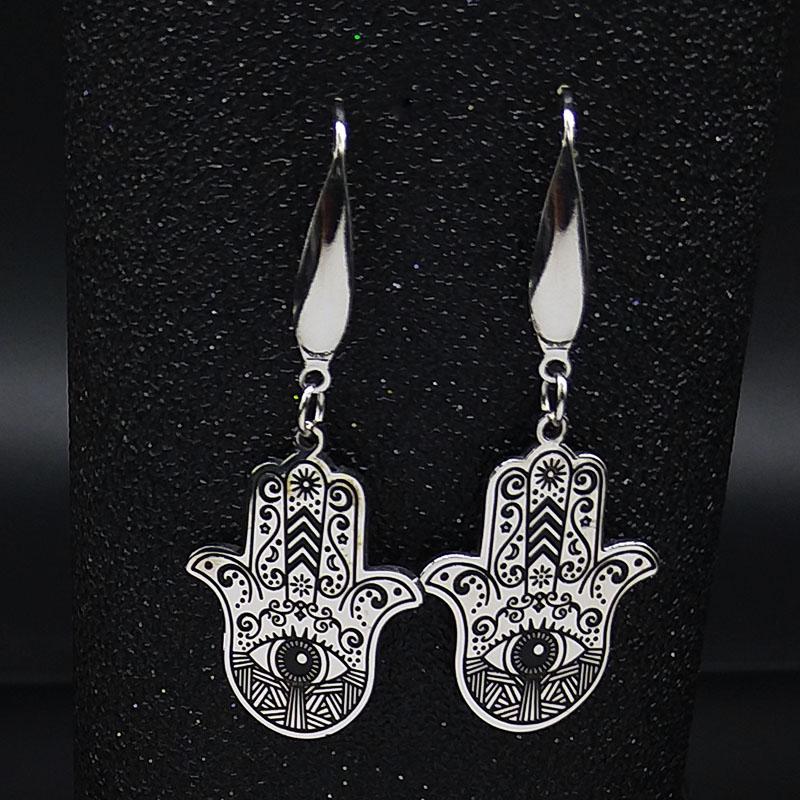 Hamsa Hand Stainless Steel Dangle Earrings Women Black Enamel Earrings Jewelry joyas de acero inoxidable para mujer E2037S02