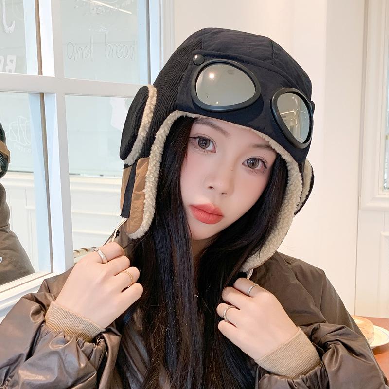 Autumn and winter women s Korean version of velvet warm hat, goggles, flying hat, outdoor riding, windproof ear protection, Lei Feng hat one size