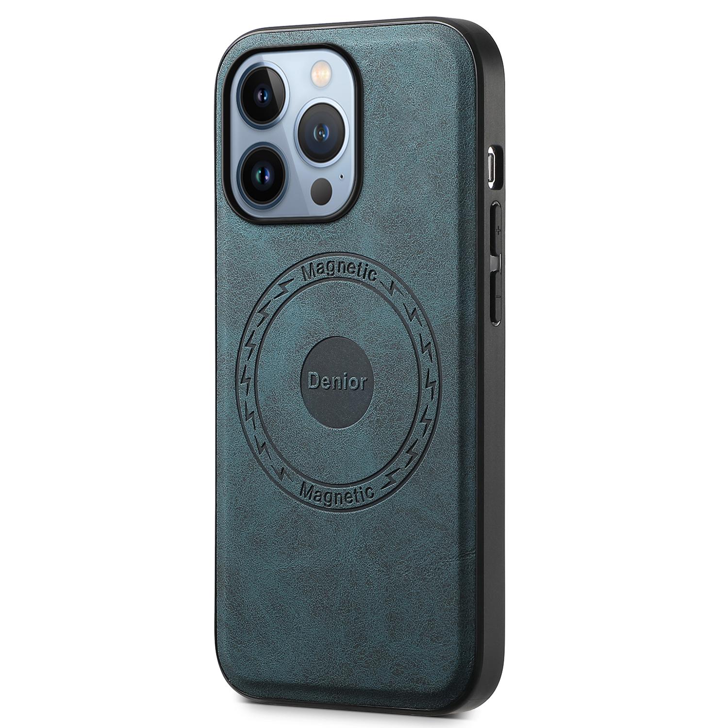 

DENIOR A11 For iPhone 13 Pro Case Retro Leather+ PC+TPU Magnetic Phone Cover Blue