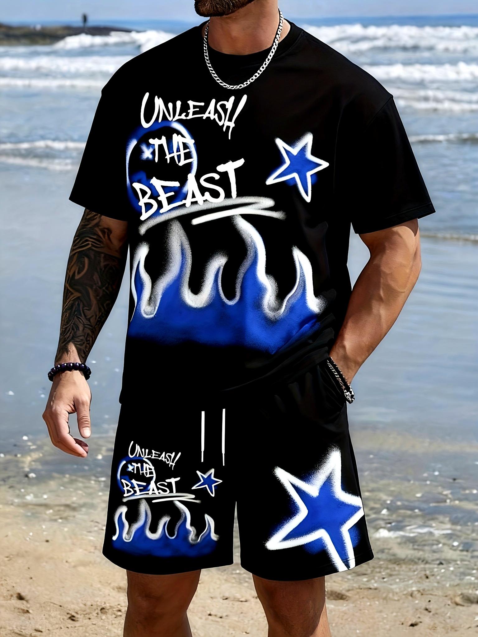 Men Star Blue Flame Graffiti Print Round Neck 2Pcs Set S