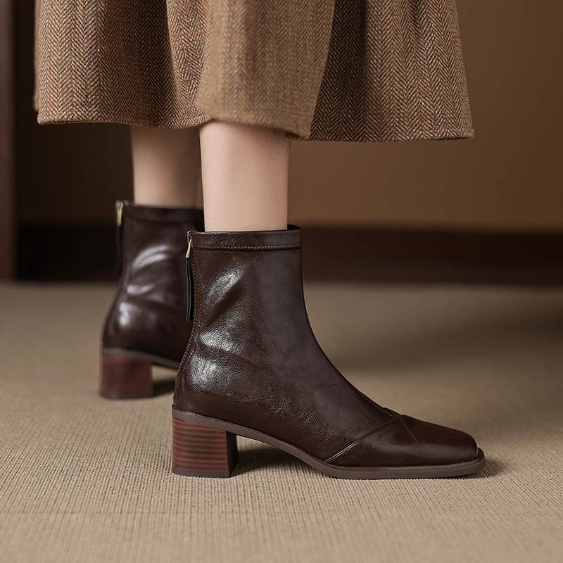 Krazing Pot Microfiber Square Toe Thick Heels Chelsea Boots Size 42 Zip Women Concise Style Elastic Ankle Boots