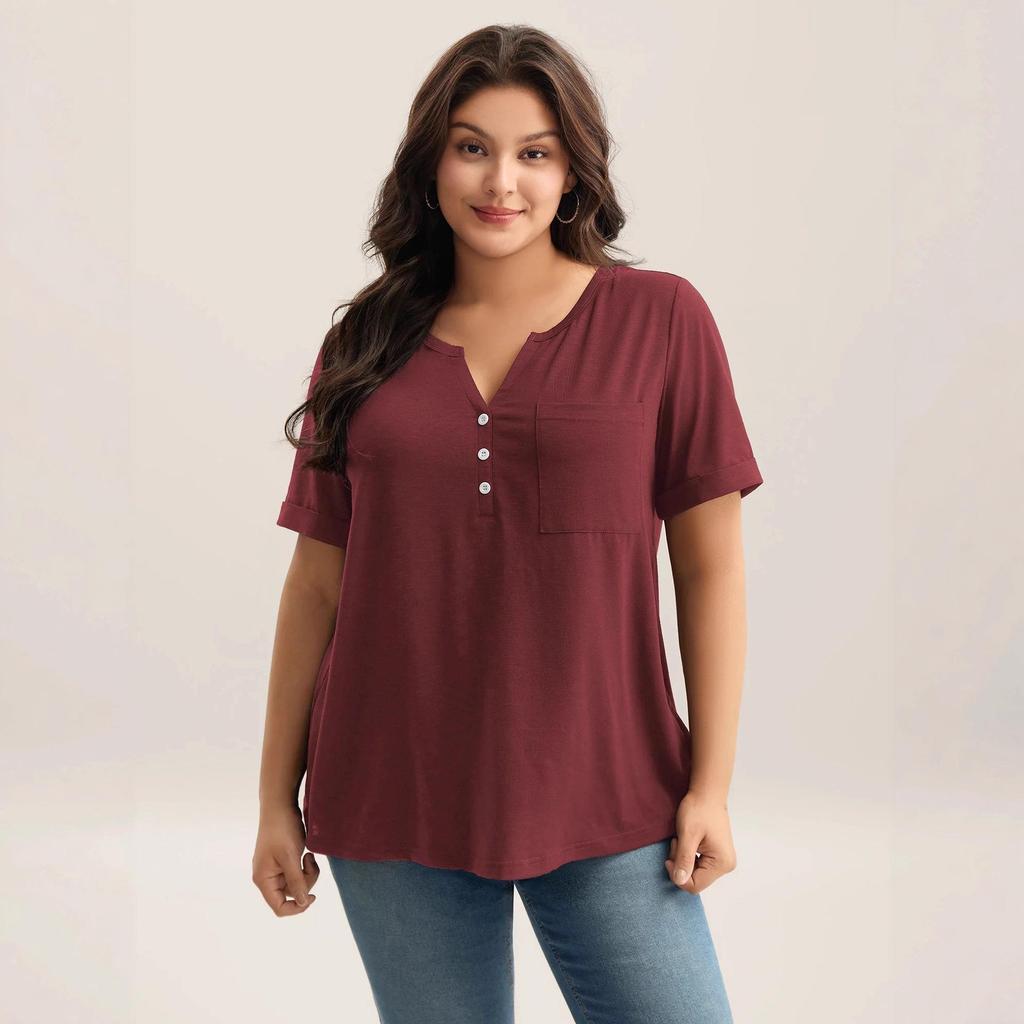 Großformat Damen V-Ausschnitt Knopf Kurzarm Einfarbig Lässig T-Shirt