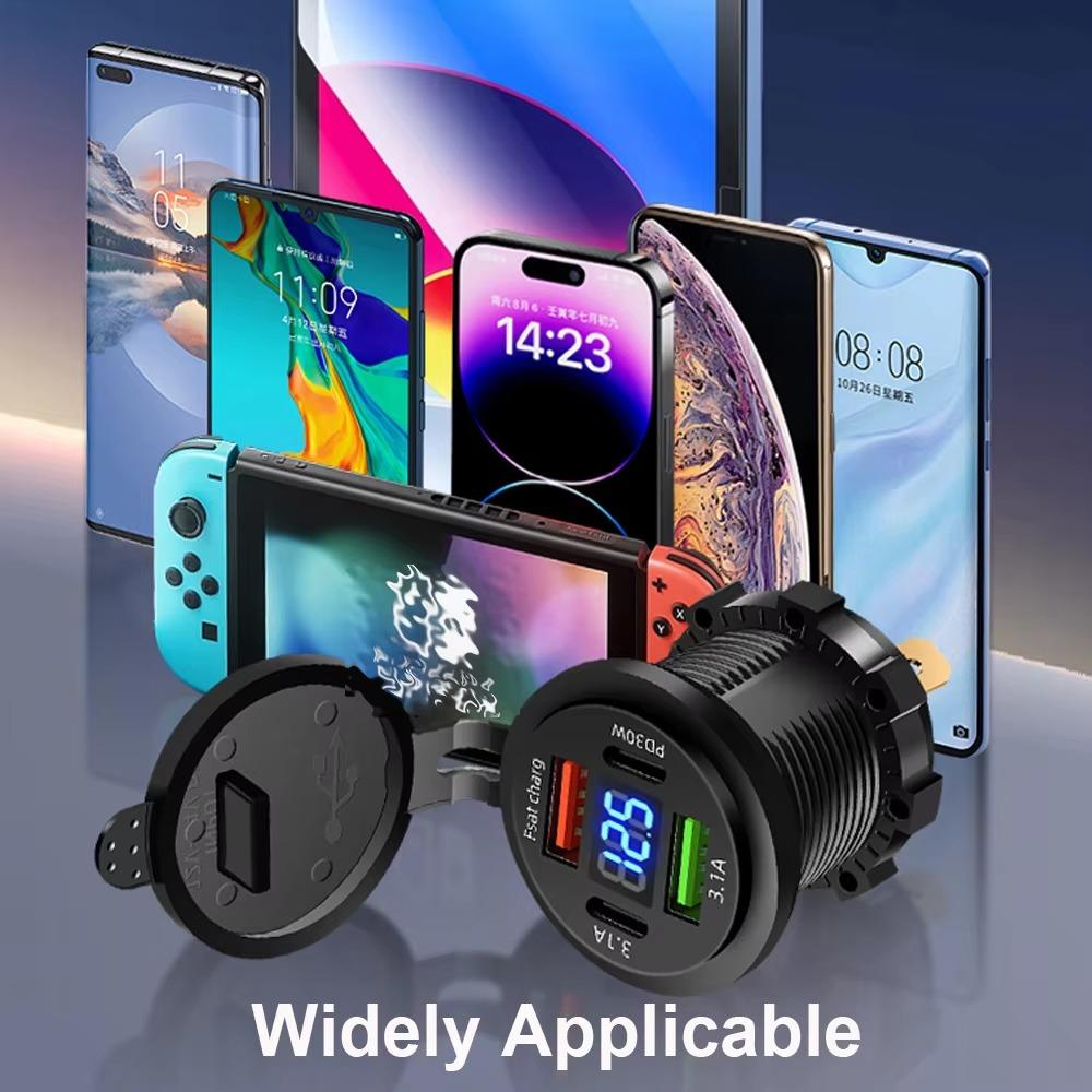 83W Car Charger Socket PD30W Fast Charging Dual USB+Type C Outlet Phone Power Adapter with Voltmeter for Motorcycle Truck Boat