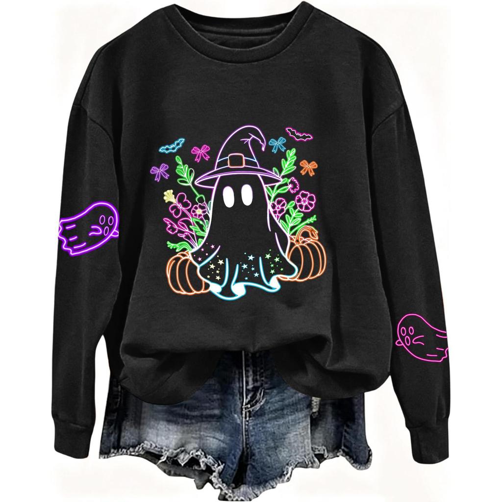Women's Long Sleeve Halloween Print Neck Sweatshirt Top for Fall Festive Wear