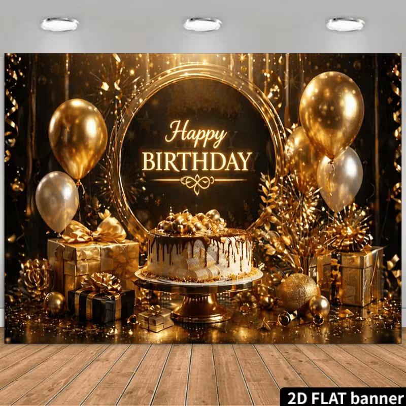 2D Elegant Black Gold Cake & Balloon Birthday Backdrop for Luxe Celebrations 47.2x31.5inch/120*80cm