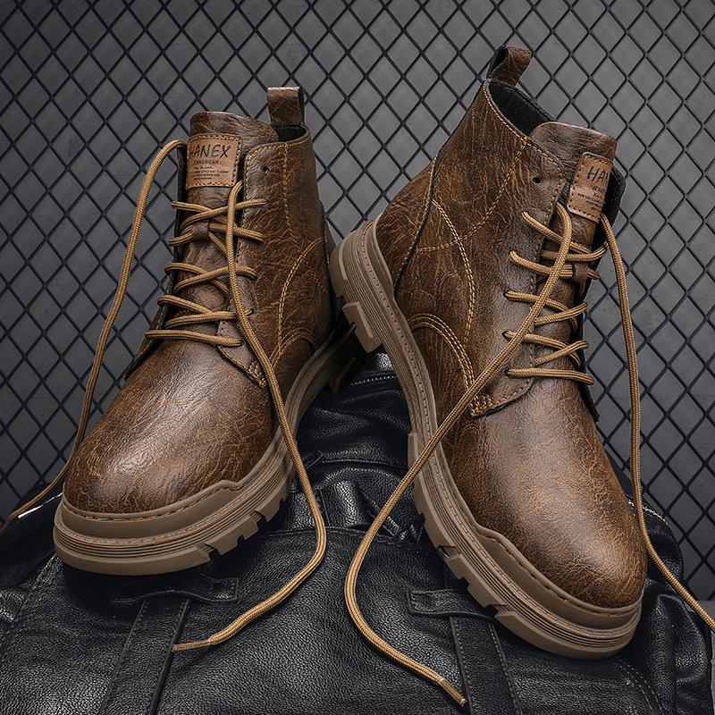New Martin Boots Fashionable Men's Retro Motorcycle Leather Boots Leather Shoes Big Size 46