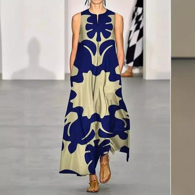 Boho Print Long Dress for Women V-neck Sleeveless Loose Waist Maxi Dress with Pocket Elegant Stylish Work Vacation Dress Summer Breathable Soft Dress
