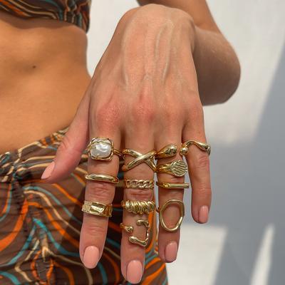 Vintage Irregular Baroque Pearl Rings Set Geometric Metal Gold Silver Color Hollow Open Ring for Girls Women Goth Punk Couple Jewelry