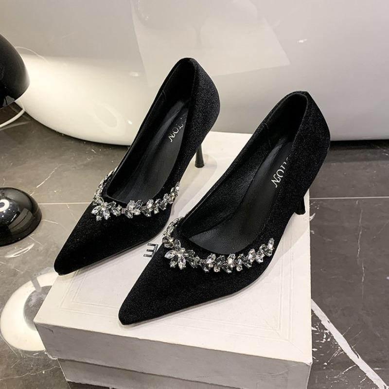 Fashion New Sequined Rhinestone Wedding Shoes Women High-heeled Shoes Black Thin Heels Sexy Pumps Female Bride Footwear Big Size