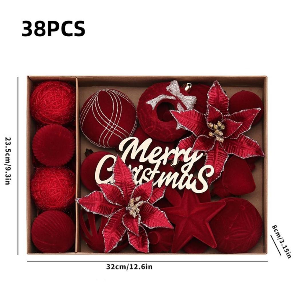 Christmas Decorations 38PCS Flocked Christmas Flowers Christmas Ball Set Christmas Tree Ornaments Velvet Christmas Ball