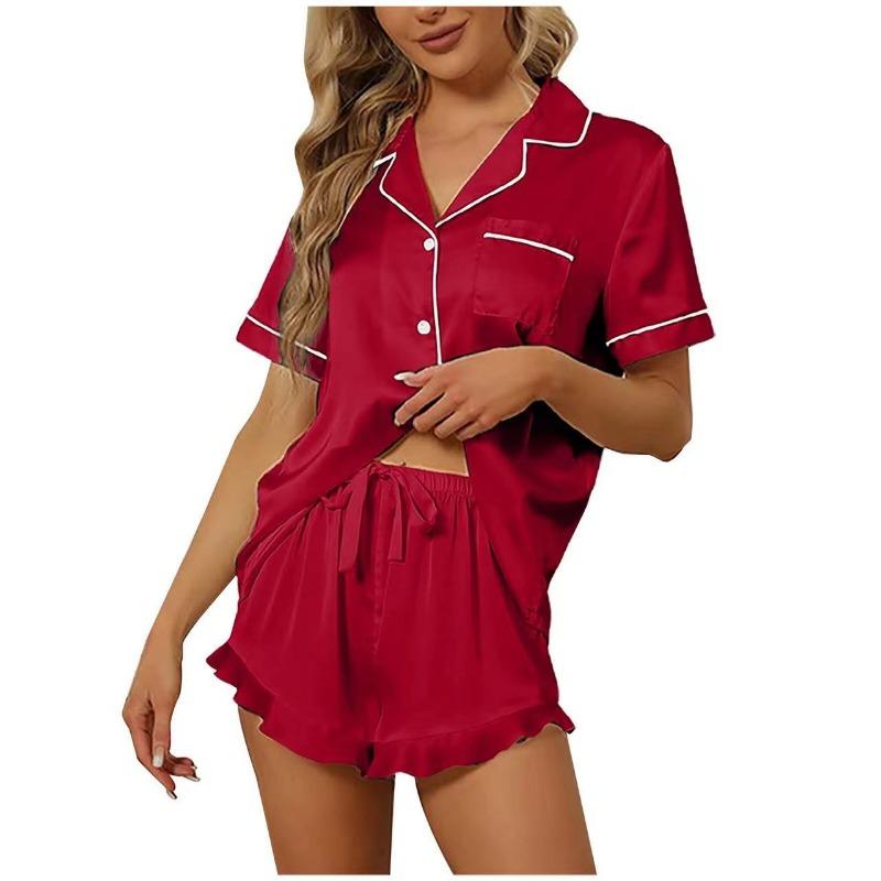 Summer Women's Pajama Set Satin Short Sleeve Lapel Tops with Shorts Sleepwear 2 Piece Loungewear Nightwear Home Clothes