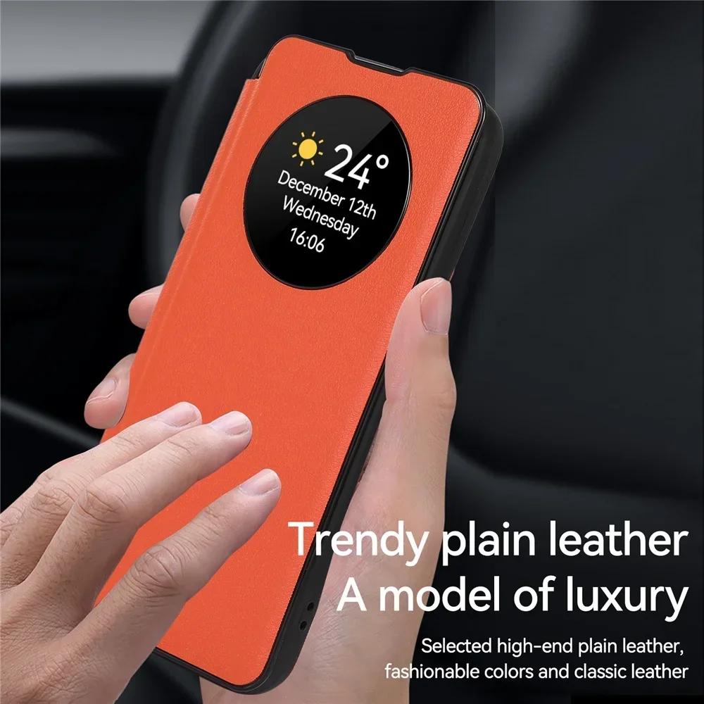 

Smart Sleep/Wake-up Leather Case for Samsung Galaxy S23 Ultra S24+ S22 Plus S21 FE Intelligent Window View Stand Flip Cover S21 оранжевый