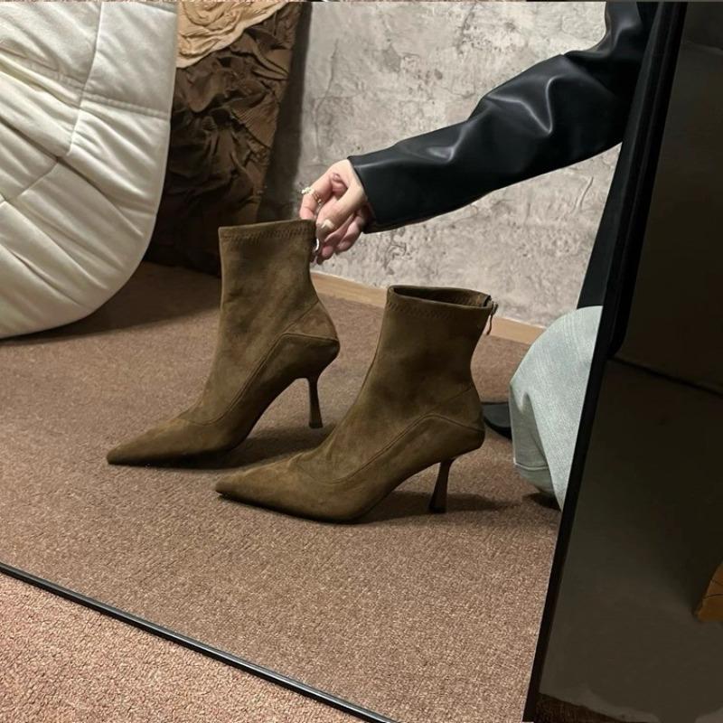 Retro Nowe Zamszowe Botki na Zamek Czubek Moda Francuski Temperament Szpiczasty Nosek Elastyczne Buty