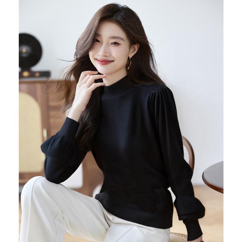 Women s Merino Wool Lantern Sleeve Pullover Sweater M чёрный