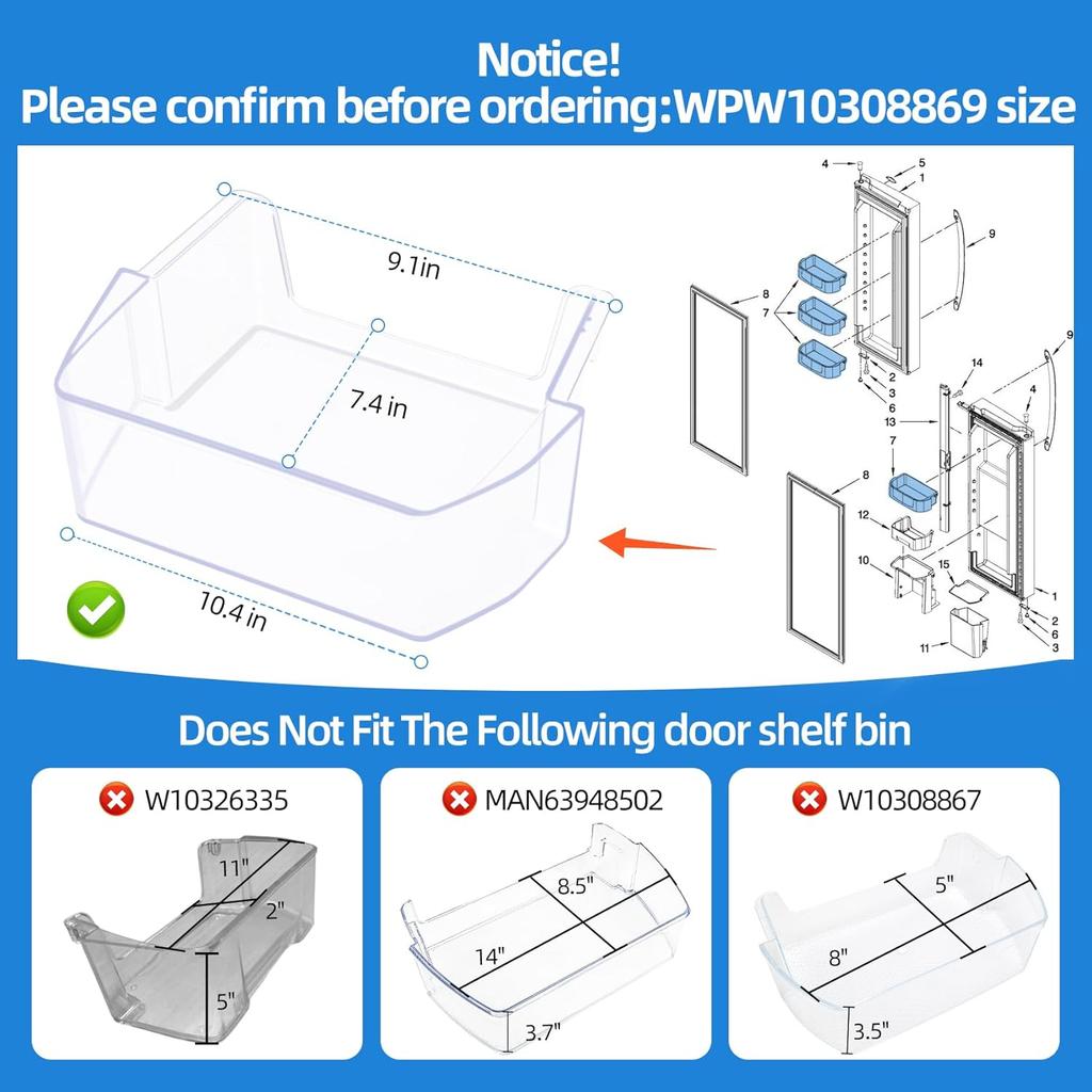 WPW10308869 W10308869 Refrigerator Door Shelf Bin Compatible with Whirlpool Maytag KitchenAid Kenmore French Door Refrigerator Parts Bin, Replacement