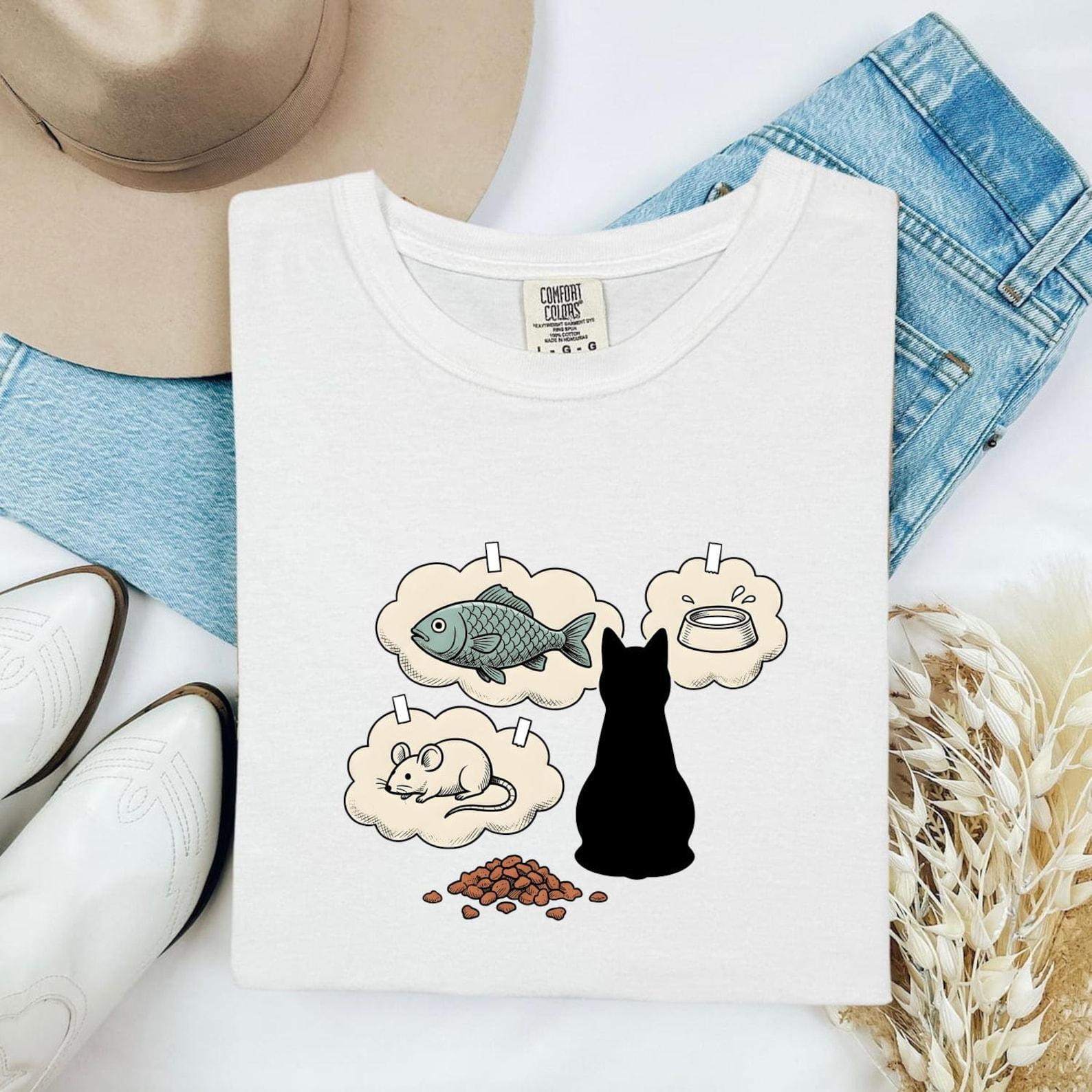 Black Cat Graphic Shirt Cat Pets Gift Women Cartoon Tee Cat T-Shirt Cat Fan Feline Tshirt Animal Graphic Hand Drawn Thought Bubbles Tshirt M