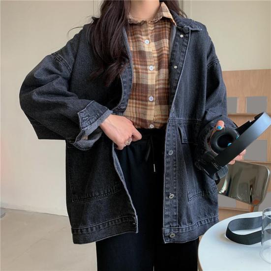 Kadın Kot Ceket Retro Tek Düğmeli Gevşek Yaka Uzun Kollu Düz Renk Cepler Büyük Beden Bayan Mont Seyahat Alışveriş Ceket