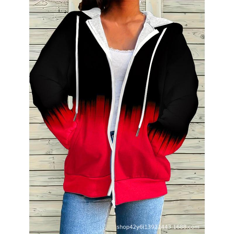Woman Sweatshirts Simple Gradient Print Long Sleeves Zip Hoodie Autumn Casual Drawstring Design Fashion Women's Hoodie