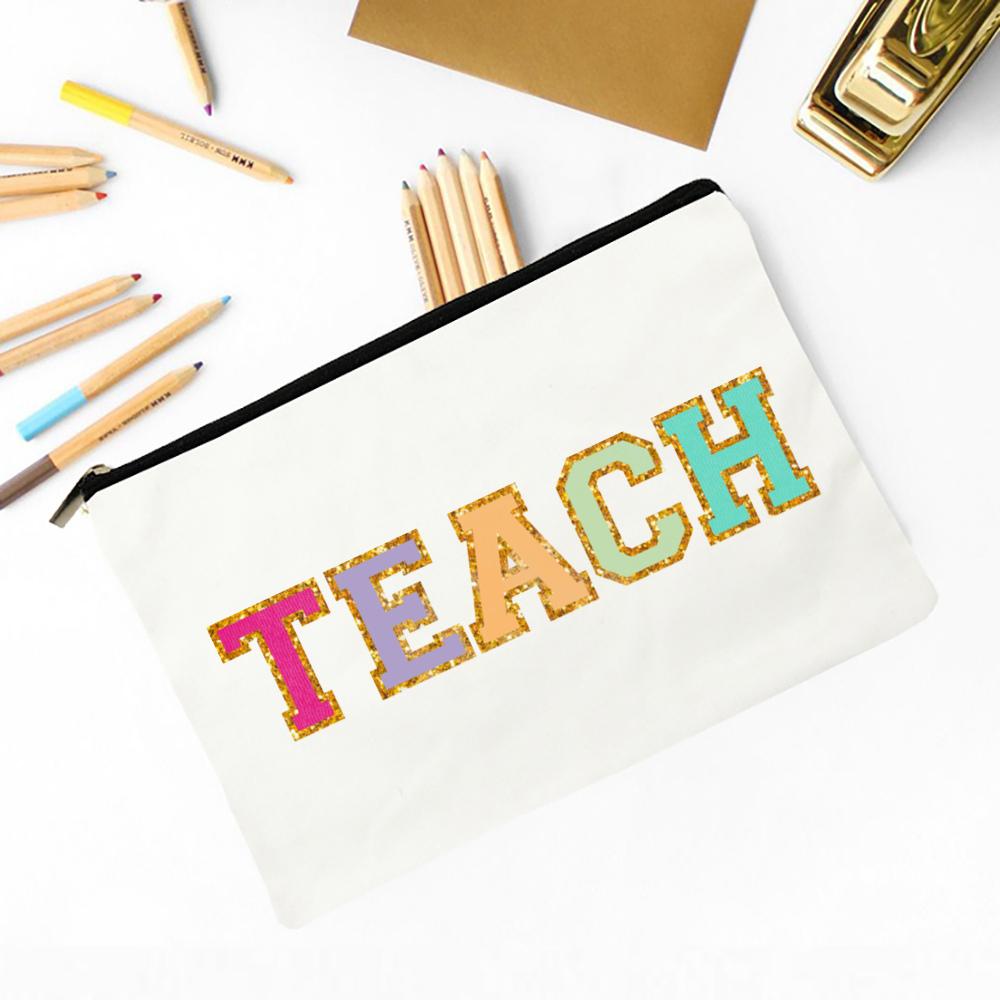 Teacher Flower Print Pencil Case Travel Makeup Bag School Stationery Supplies Storage Bags Wash Pouch Cosmetic Bags Teacher Gift