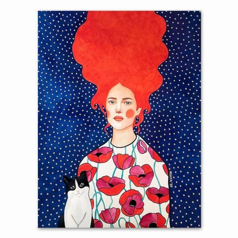 Abstraktní dívka vlasy květina pták nástěnná malba na plátně plakáty na severské téma a tisky vintage nástěnné panely pro dekor obývacího pokoje bez rámů