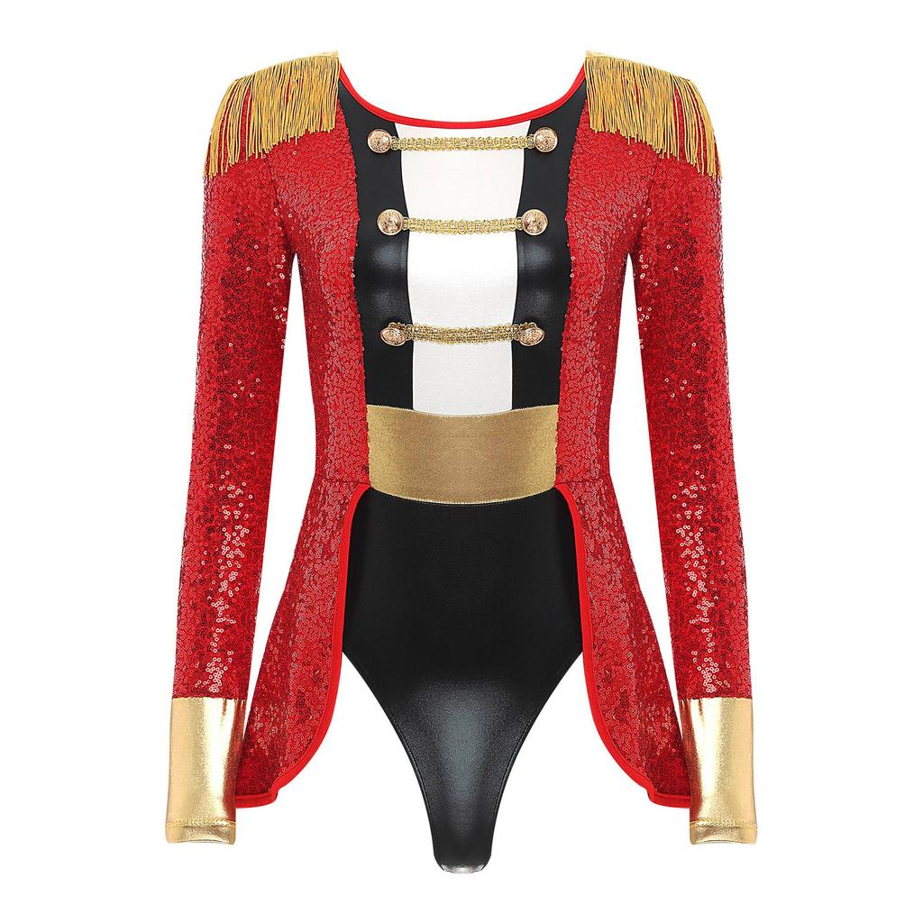 Womens Circus Ringmaster Cosplay Bodysuit Long Sleeve Allover Sequin Tail Jumpsuit Halloween Festival Costumes
