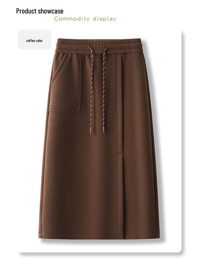 Jupe Midi Kaki en Laine pour Femmes – Automne/Hiver, Taille Élastique, Coupe Droite Moulante avec Fente Avant, Longueur Cheville