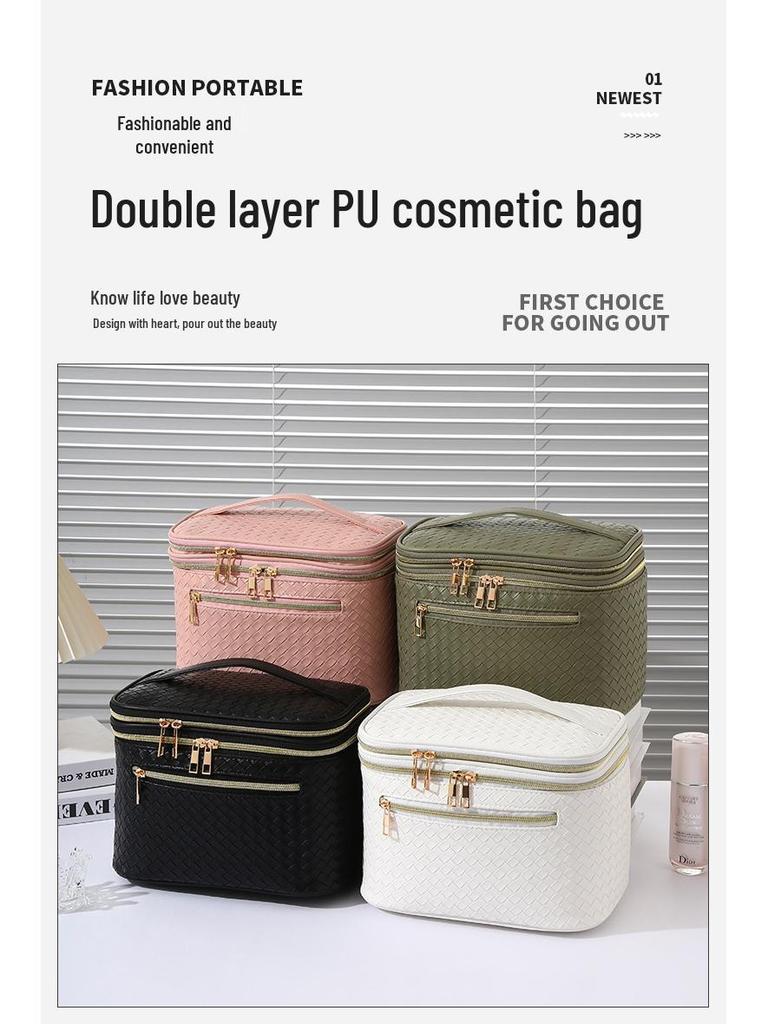 Flerfärgad dubbellagers PU-reseorganisatör för smycken och smink med vävd textur