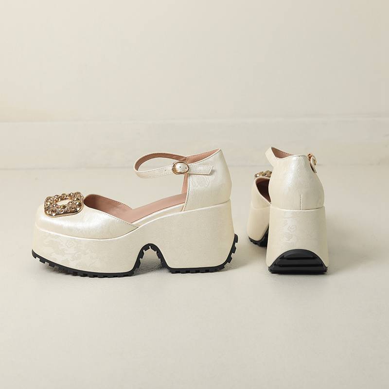 Krazing Pot Polyurethane Spring Summer Size 43 Size 42 Women Platform Women Square Toe Buckle Thick Bottom Pumps