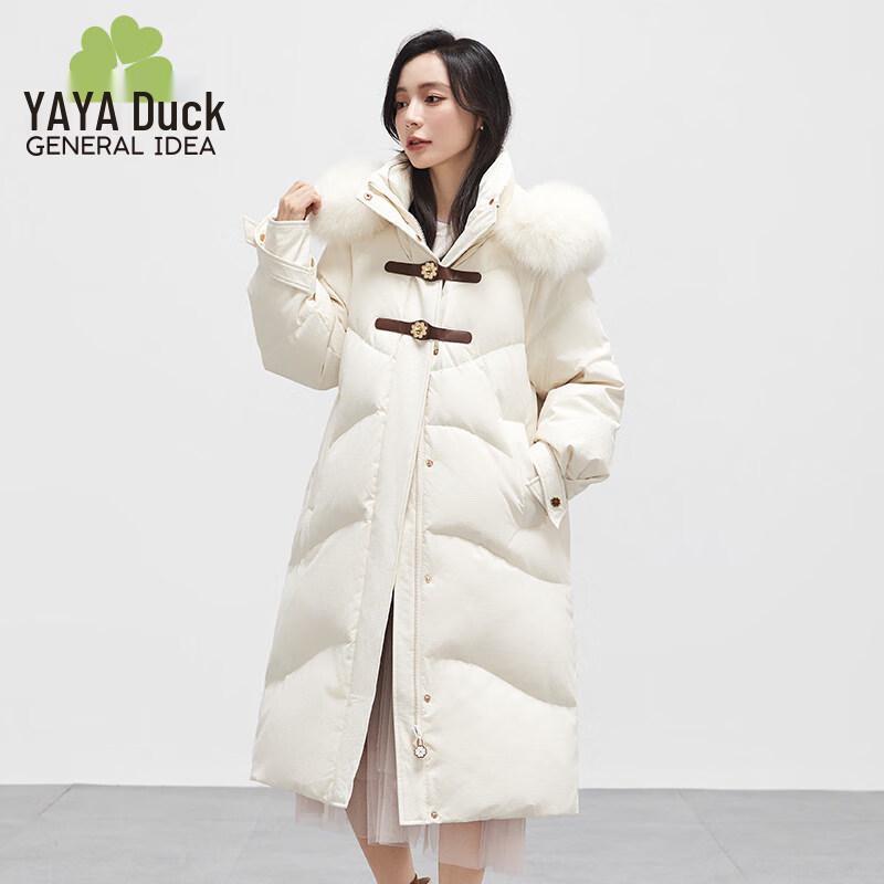 YAYA Women s Long Hooded Down Jacket with Fox Fur Collar S