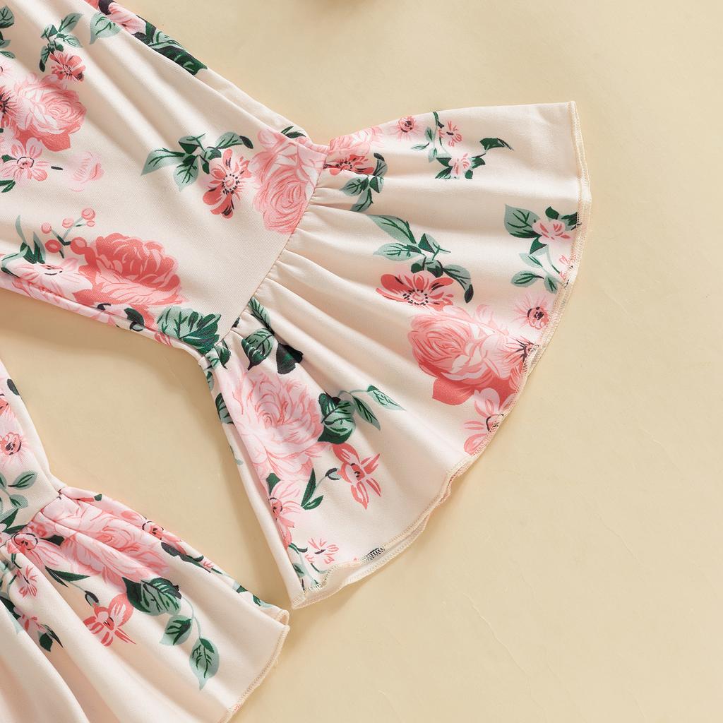 Baby Girls 3PCS Pants Sets Flying Sleeve O Neck Romper Floral Flared Pants Headband Sets