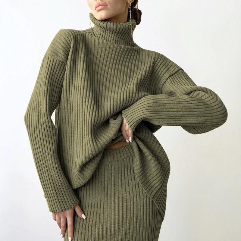 European and American Style Turtleneck Sweater Set Women's Loose Thermal Cover Head Pit Strip Skirt Sweater Two-piece Set Popular