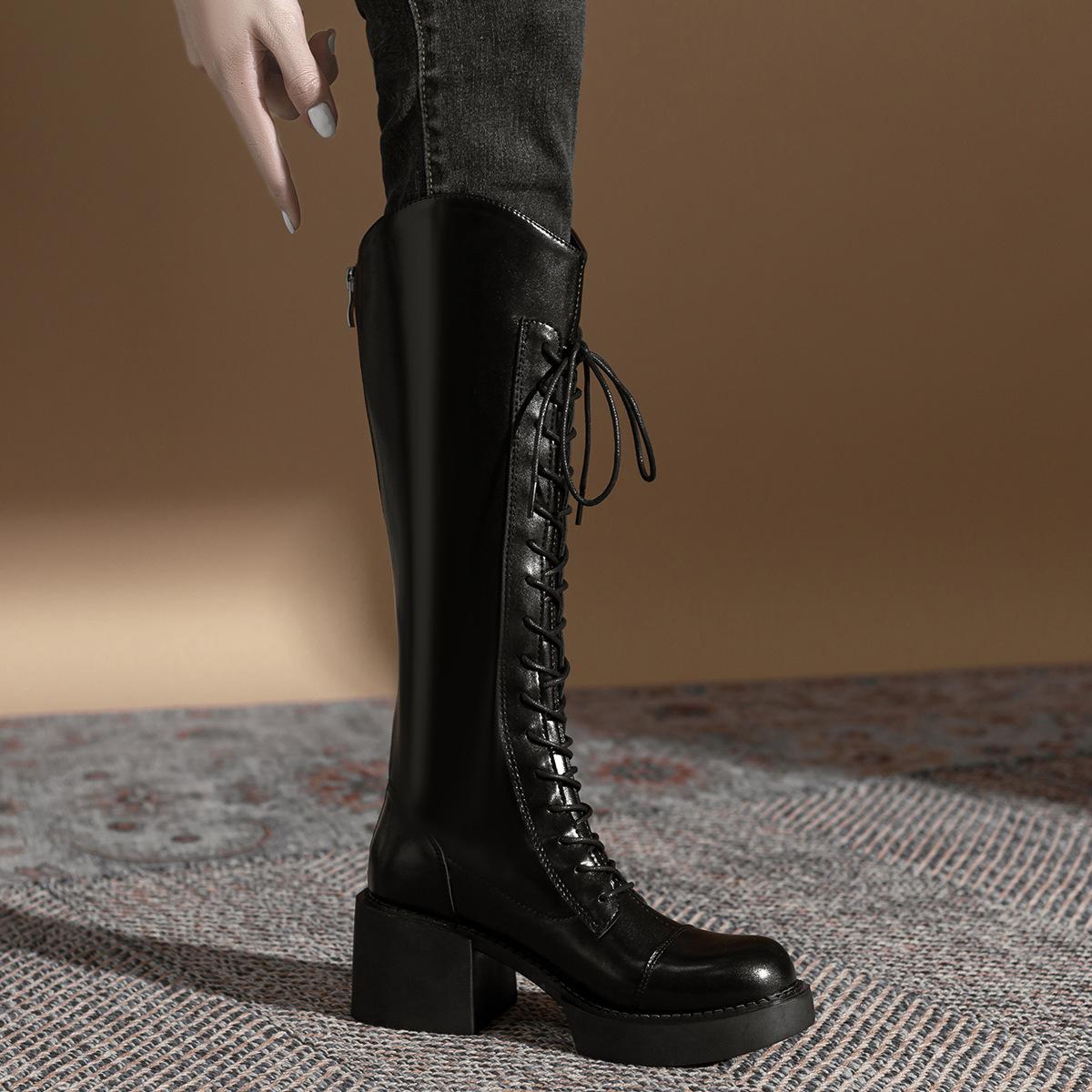 

2025 autumn and winter Martin new slim tall knight boots retro boots thick-soled thick-heeled high-heeled boots women s boots 34 чёрный