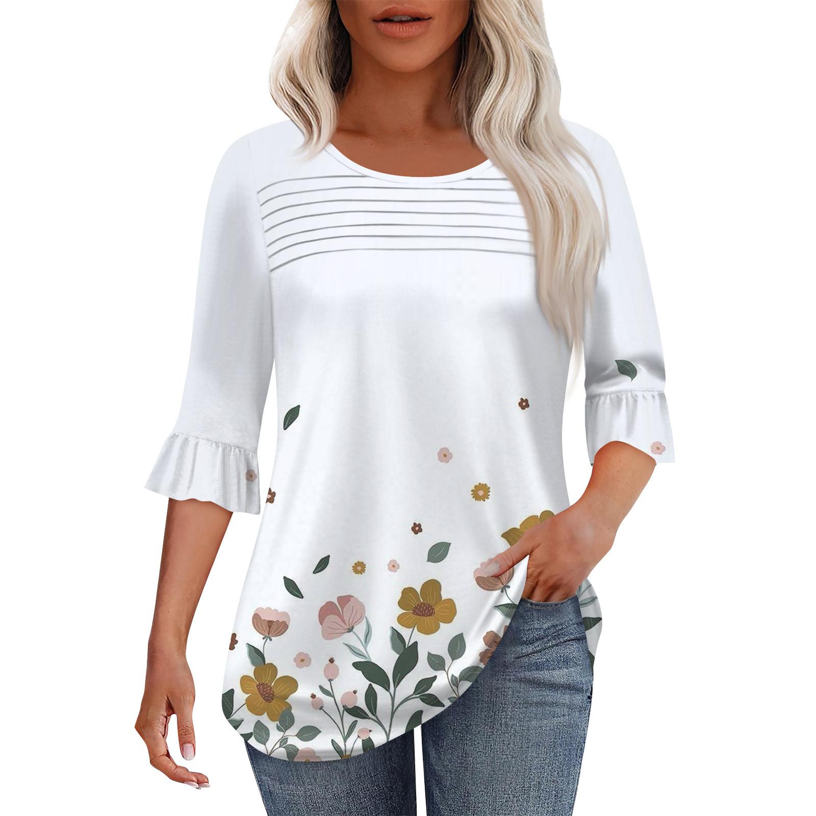 

Женская мода круглый вырез шея плиссированный спереди напечатанные точки расклешенный топ рукав 3/4 S белый