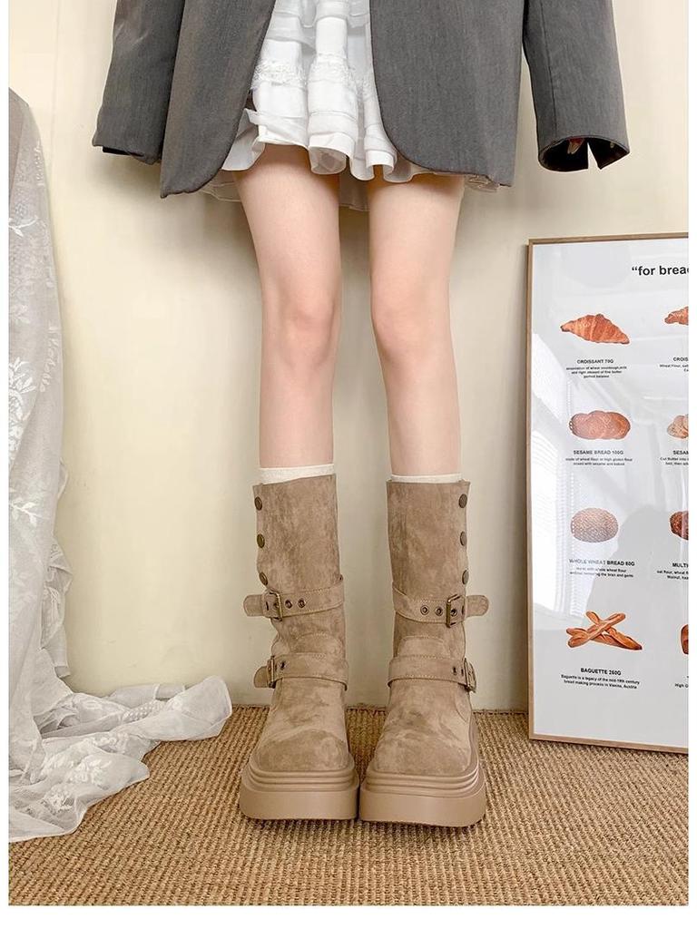 Women's Khaki Ankle Boots with Thick Sole, Chunky Heel, Elastic Slimming Fit, and Two-Way Wear for Spring