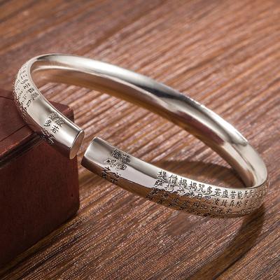 Massives Thai-Silber Neues Damen Buddhistische Schriften Armband Herren mit Stempel Klassisch Retro Offenes Armband