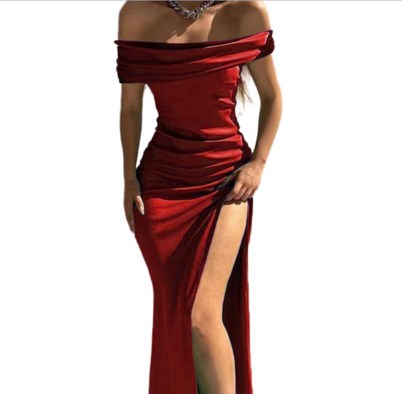 

2022 European & American Socialite Shiny One-Shoulder Evening Dress with Sexy Slit 3XL бордовий