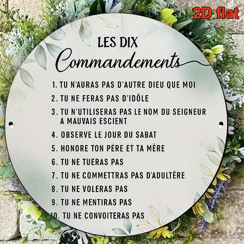 D Flat Pc French Aluminum Ten Commandments Plaque Vintage Round Inch Religious Wall Decor with French Text Numbered Dec