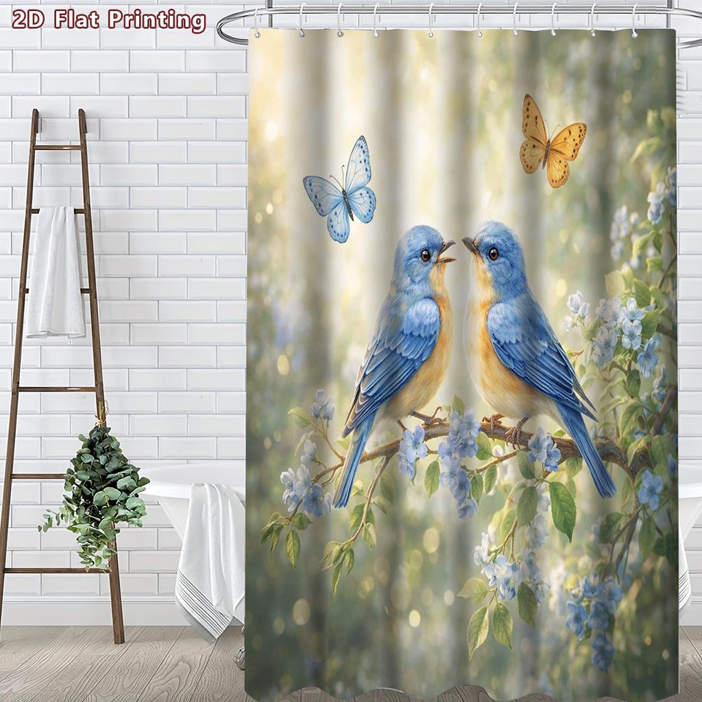 4Pcs 2D Flat Blue Birds And Butterflies Shower Curtain Set with Non-Slip Bath Mat, Toilet Lid Cover, Contour Rug & 12 Hooks, Bathroom Decor