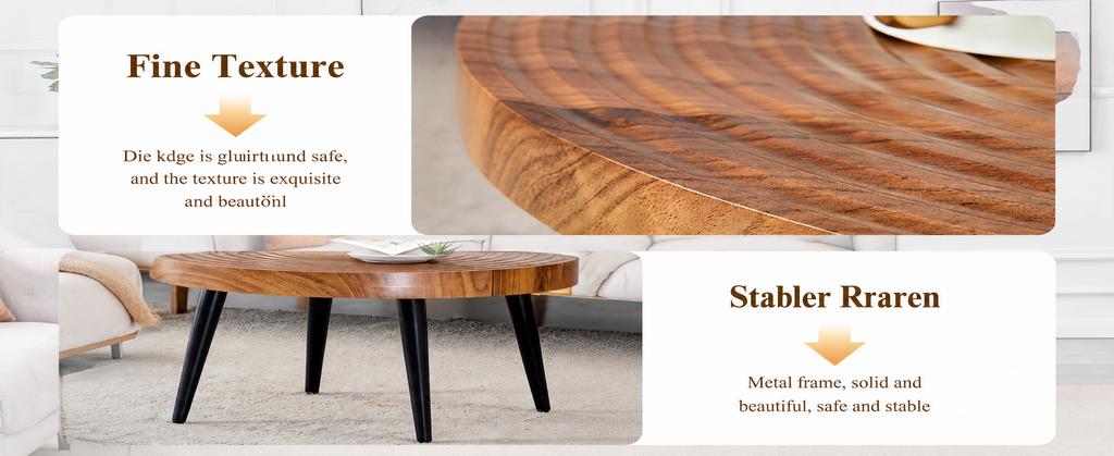 Round, Ginger-colored Coffee Table with Walnut Grain and Growth Rings, Reinforced Tabletop and Slim Black Metal Legs; Side Table for Small Apartments
