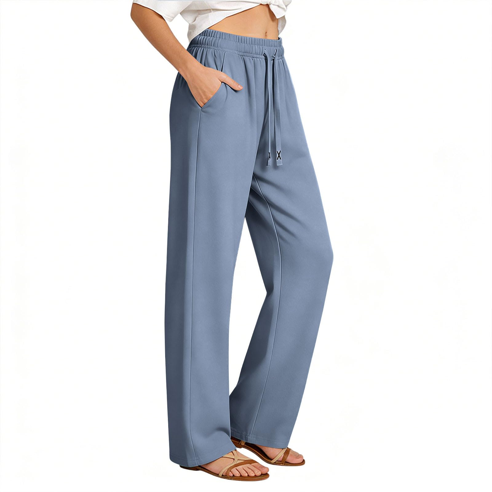

Women’s Wide Leg Lounge Pants with Elastic Waist Drawstring and Pockets Relaxed Fit Lightweight Casual Trousers for Daily Wear L синий