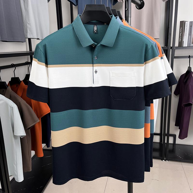 Pure Cotton Wide Stripe Color Blocked Short Sleeve Polo Shirt Fashion Men Comfortable Pocket Summer Breathable New T-shirt