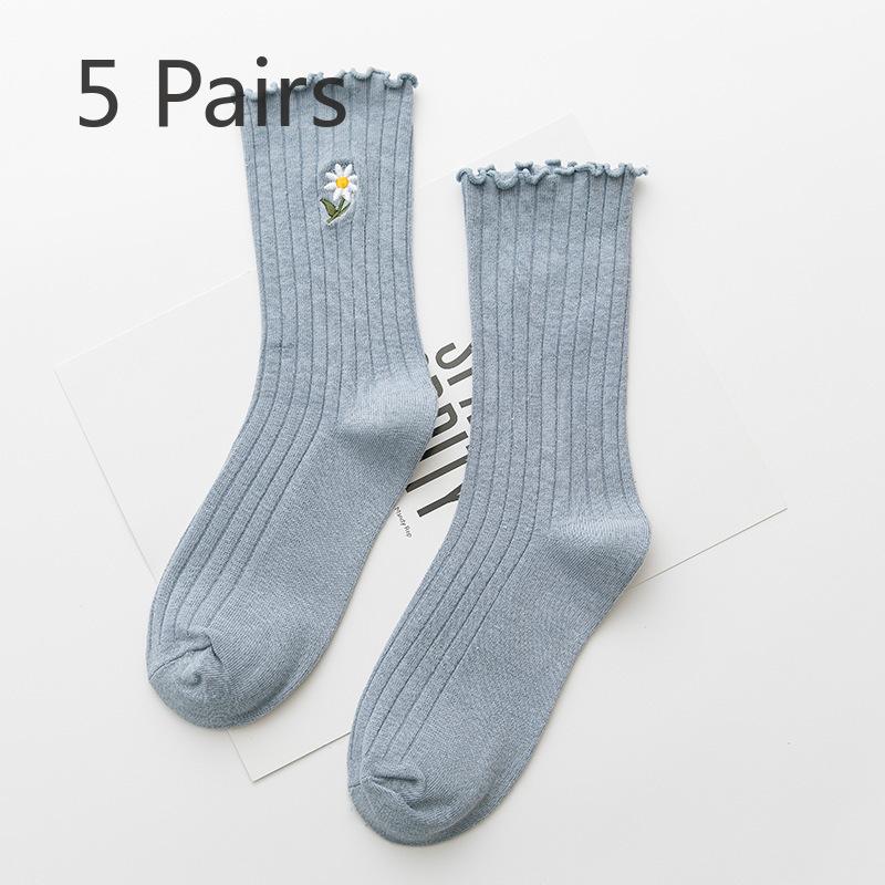 5 Pairs of Female Spring and Summer New Solid Color Wooden Ear Embroidery Roll Edge In The Tube Pile Socks