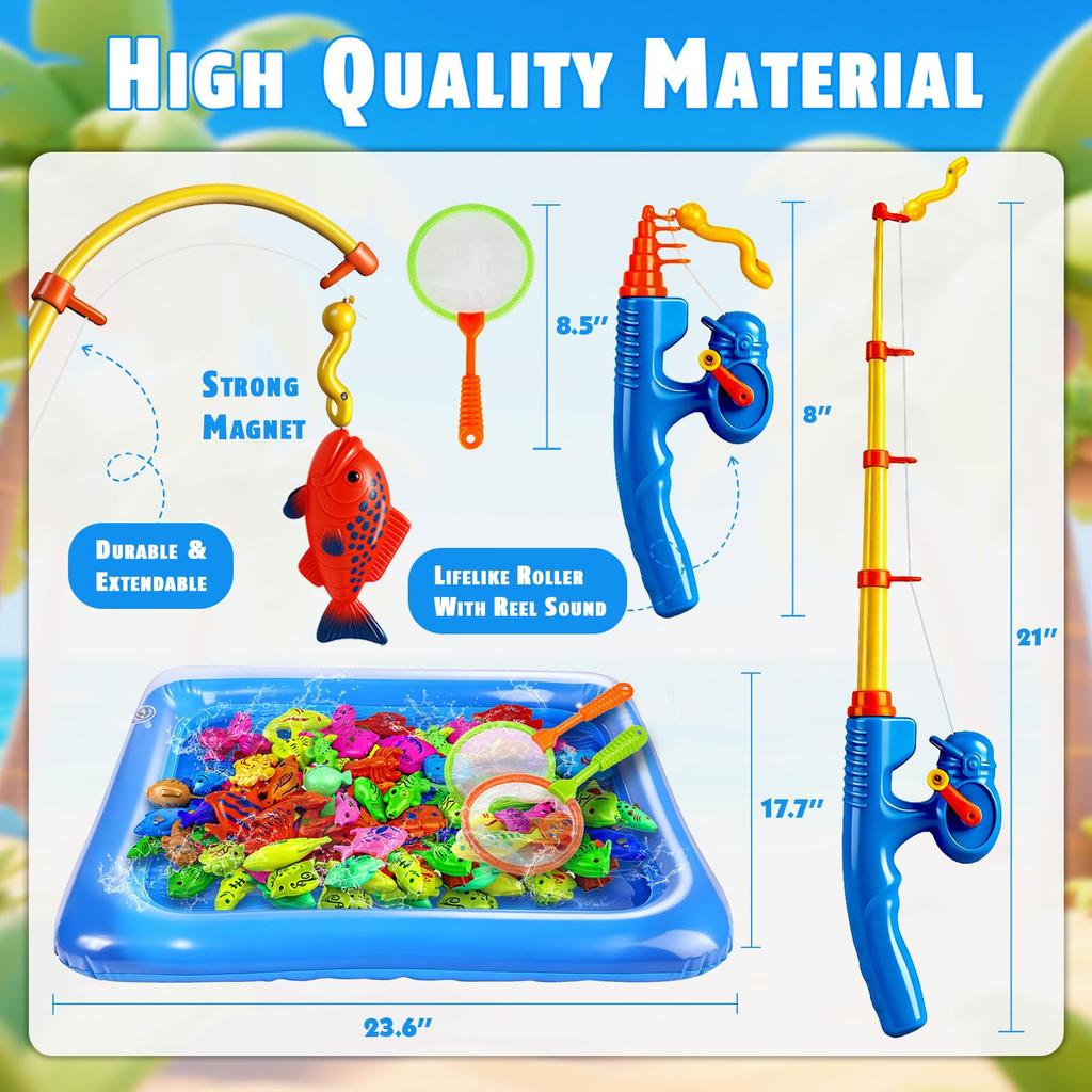 CozyBomB™ Magnetic Fishing Toy Game Set Water Play, Bath & Pool Toy with Fishing Rod and Net Floating Fish & Sea Creatures Ages 3-8 Birthday