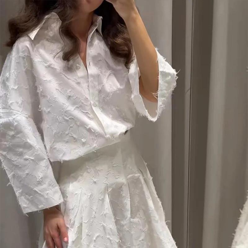 European & American Style Women's Tassel Feather Shirt and Midi Skirt Set