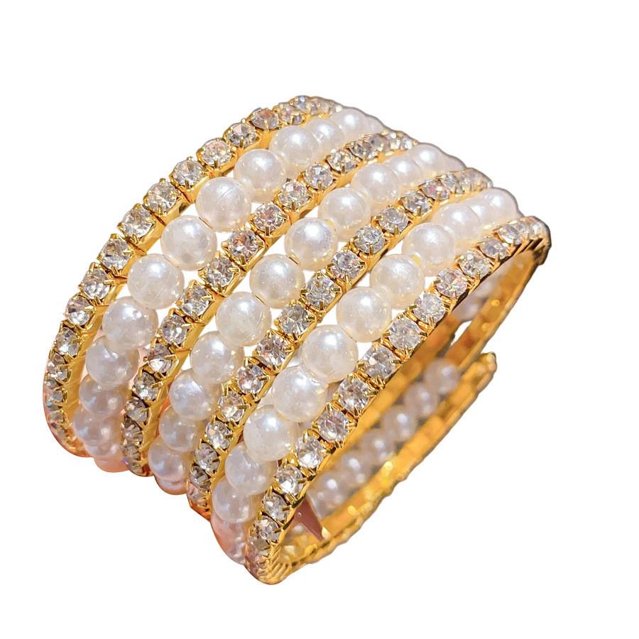 Pearl Multilayer Open Cuff Bracelet With Rhinestone Embellishments For Elegant Women