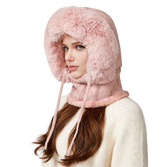 Winter Headgear with Scarf Face Guard Solid 3 In 1 Hat Color Adjustable Drawstring Windproof Hat