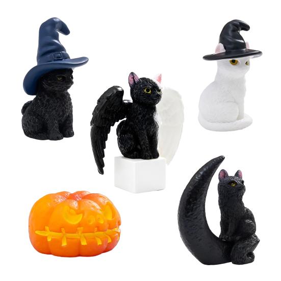 Halloween Cat Figurine, Resin Witch Hat/Moon/Pumpkin/Skull Cat Statue for Halloween Tabletop, Mantel, Shelf, Desk Decor