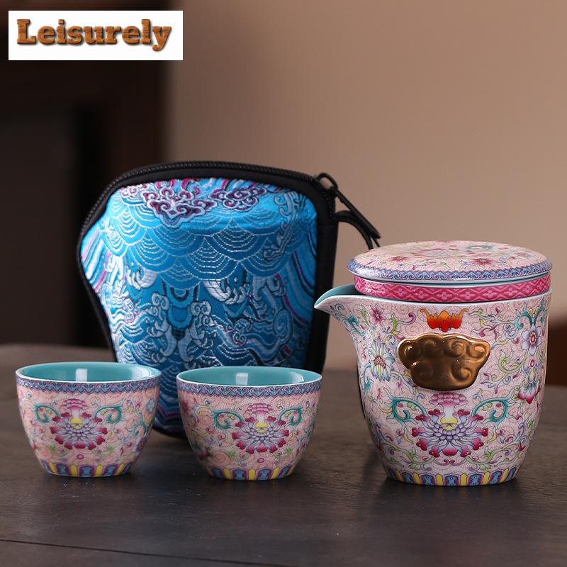 China-Chic Emaille Farbe Blüht Reiches Tee-Set Kit Antik 1 Kanne 2 Tassen Teezubereiter Camping Tragbares Teezubehör Ornamente