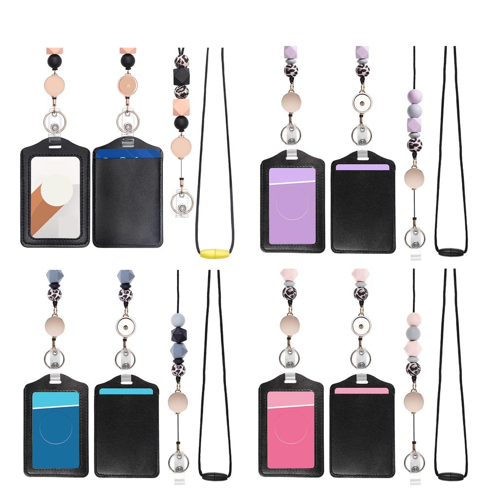 Silicone Retractable Beaded Lanyard with Transparent ID Holder Multi Purpose Badge Holder for Studen