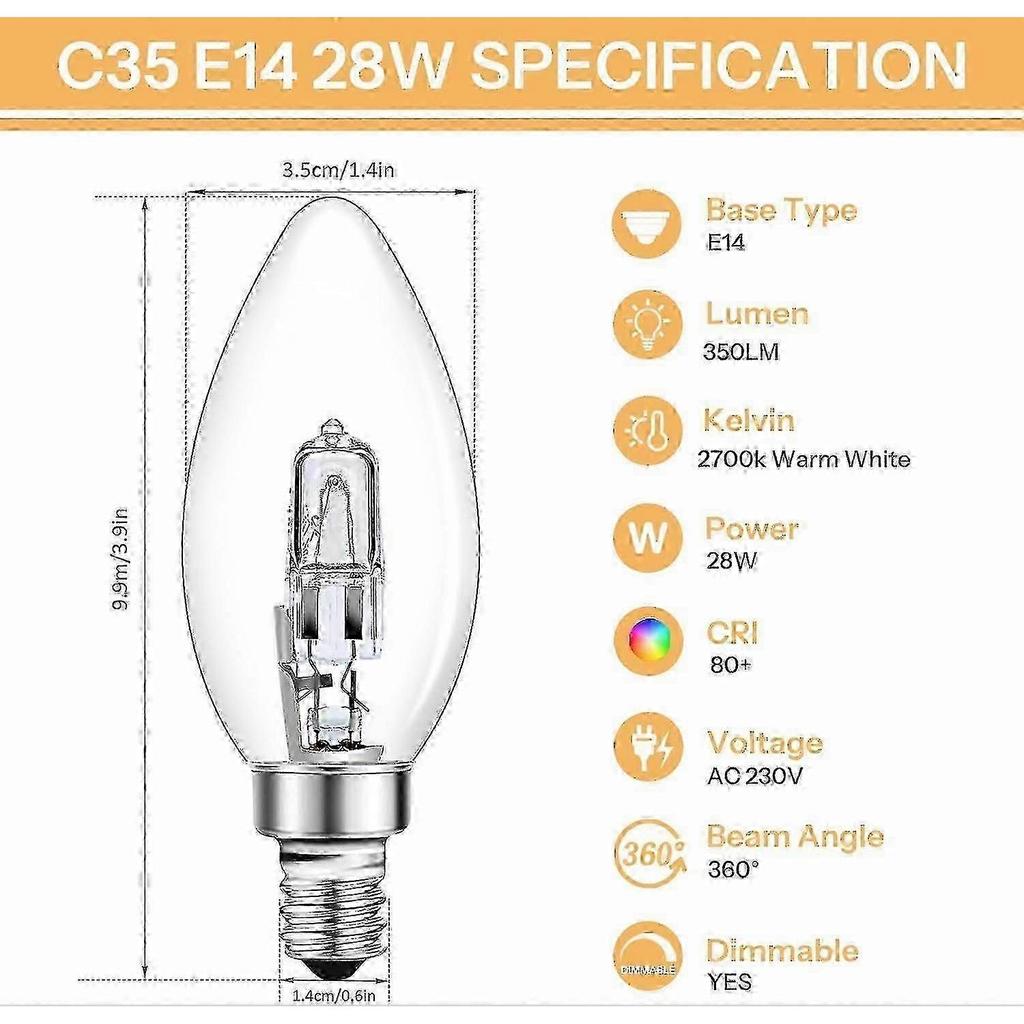 E14 28W Halogen Candle Bulb Dimmable, Clear Glass C35 E14 SES Small Edison Screw Bulb, Halogen Candle Bulb for Chandelier, 230V, 5-Pack